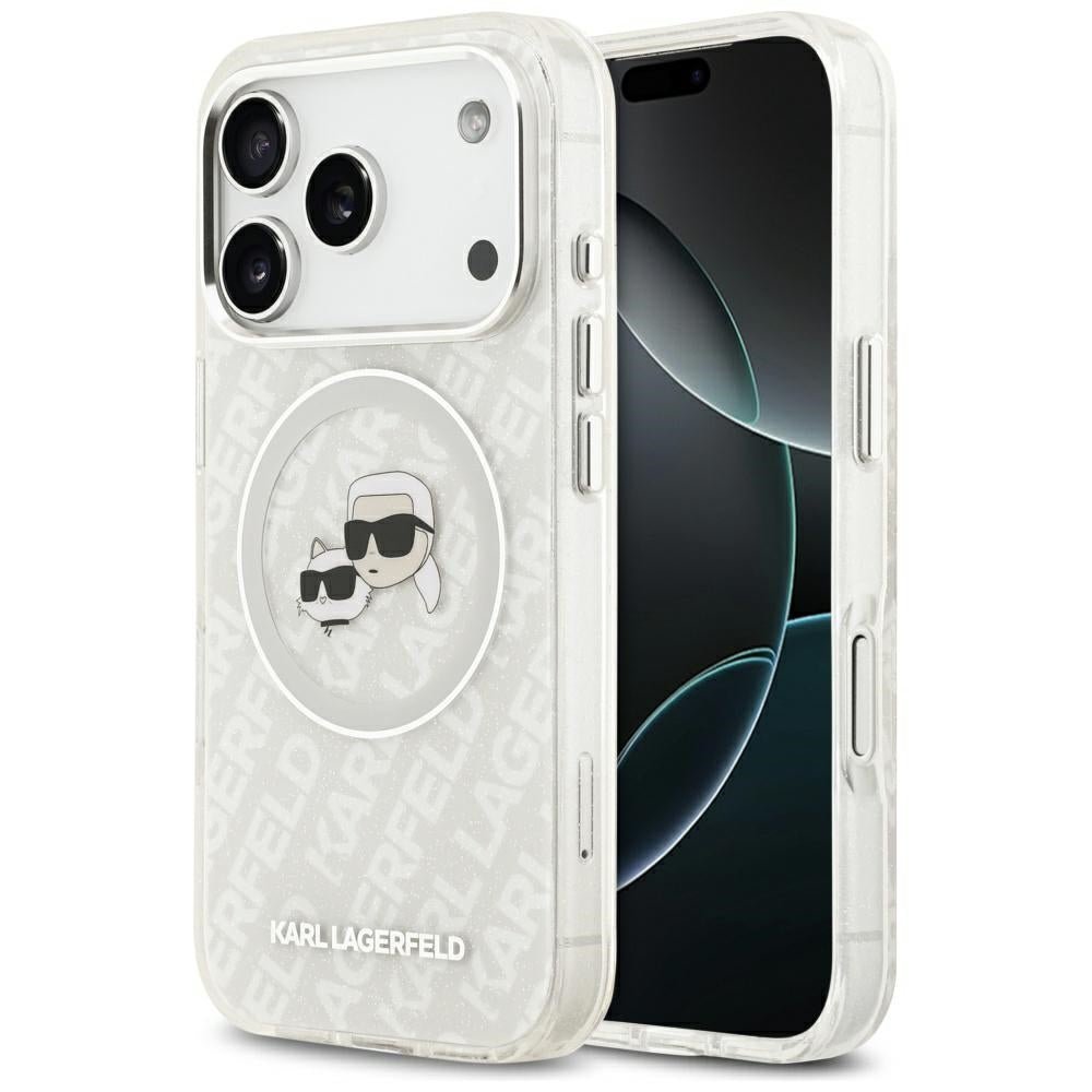 Karl Lagerfeld iPhone 17 Pro Max - IML Glitter Karl and Choupette Heads Logo MagSafe - Σκληρή Θήκη με Πλαίσιο Σιλικόνης - Grey - KLHMP17XHMKBKCHOG