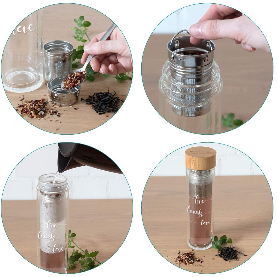 Navaris Γυάλινο Μπουκάλι Τσαγιού με Θήκη μεταφοράς - 500ml - Design Live Laugh Love - Clear - 45888.2.05