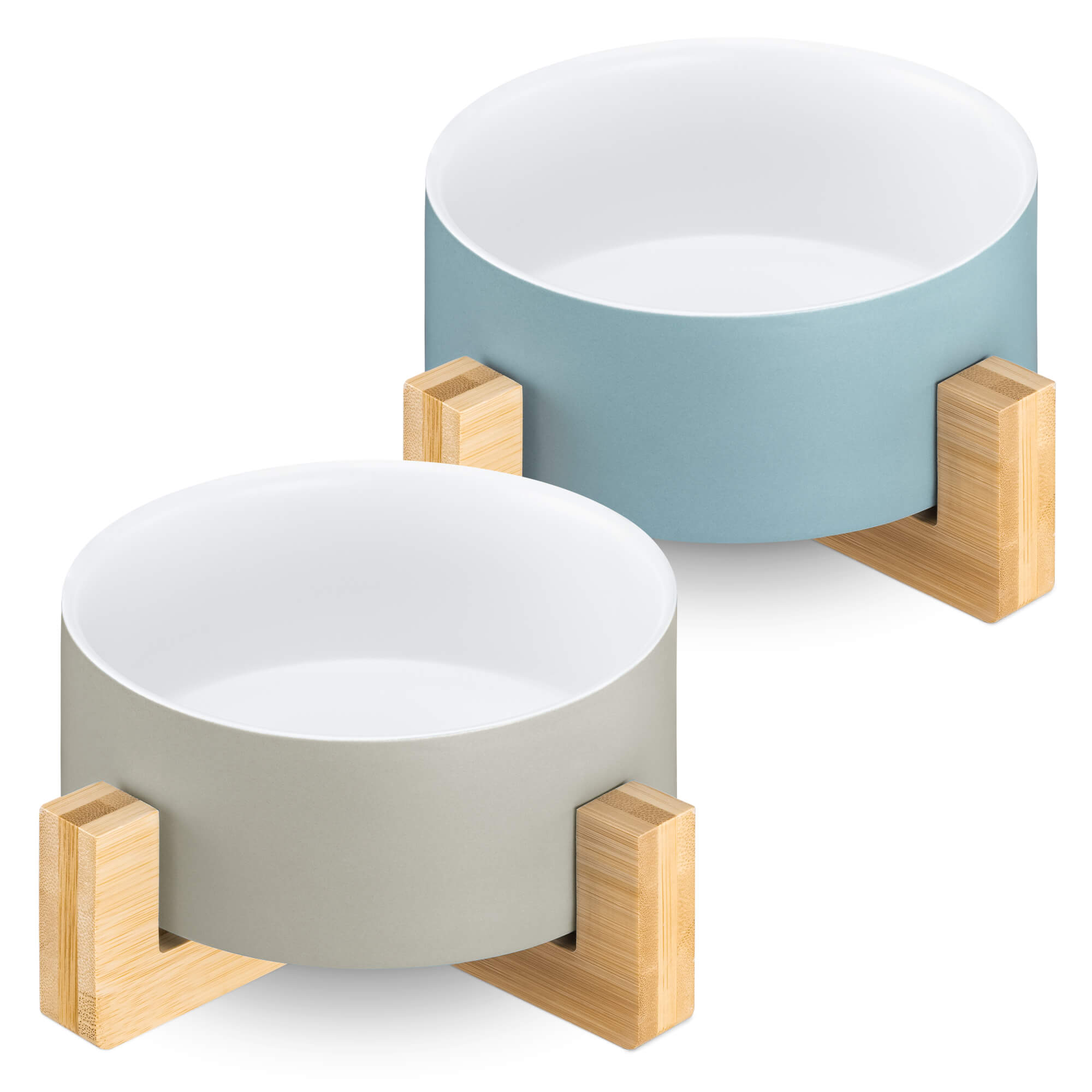 Navaris Σετ με 2 Κεραμικά Μπολ Φαγητού και Νερού 850ml με Βάση από Μπαμπού για Κατοικίδια - Blue - Grey - 55430.2.22