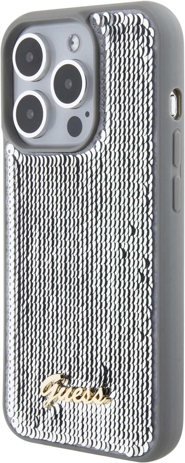 Guess iPhone 15 Pro Max - Sequin Script Metal Σκληρή Θήκη με Επένδυση από Παγέτες - Silver - GUHCP15XPSFDGSS
