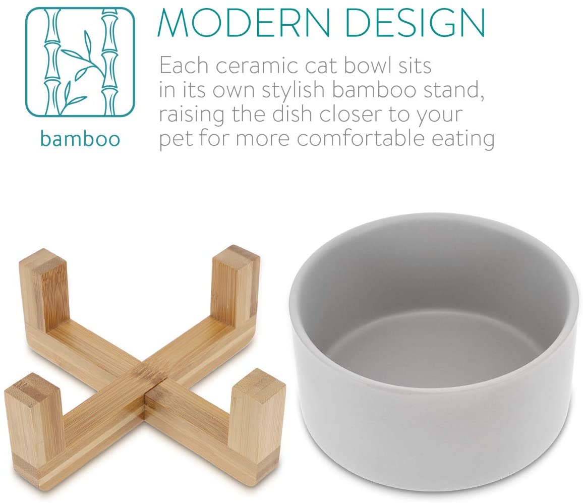 Navaris Cat Bowls with Wood Stands - Σετ με 2 Μπολ Φαγητού και Νερού 550ml με Βάση από Μπαμπού για Κατοικίδια - Grey / Brown - 48350.1.22