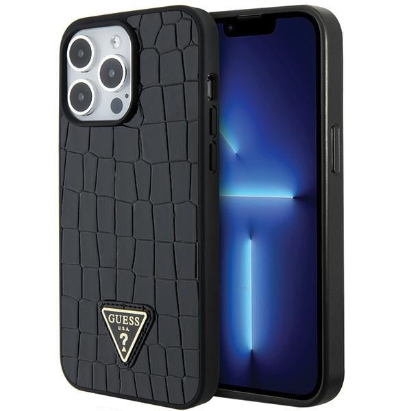 Guess iPhone 15 Pro Max Croco Triangle Metal Logo Θήκη με Επένδυση Συνθετικού Δέρματος και Πλαίσιο Σιλικόνης - Black - GUHCP15XPCRTHCK