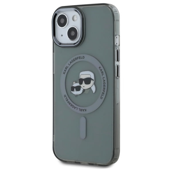 Karl Lagerfeld iPhone 15 - IML Metal Karl and Choupette Head - Σκληρή Θήκη με Πλαίσιο Σιλικόνης και MagSafe - Black - KLHMP15SHLSKCK