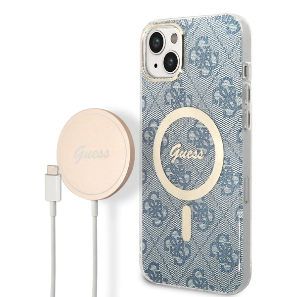 Guess iPhone 15 Plus / 14 Plus - Bundle Pack - Σετ Σκληρή Θήκη με Πλαίσιο Σιλικόνης και Ασύρματος Φορτιστής MagSafe - Design 4G Print MagSafe - Blue - GUBPP14MH4EACSB