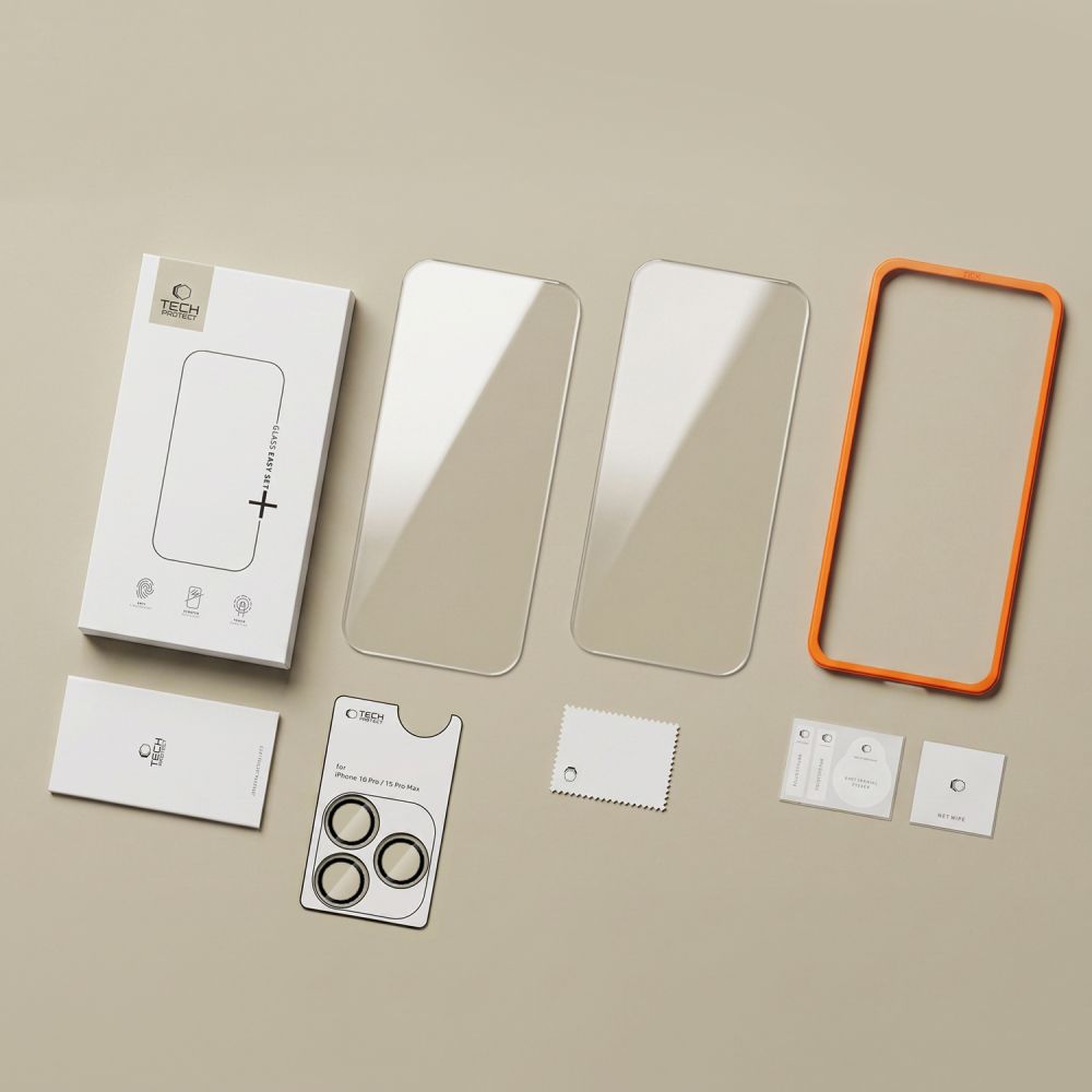 Tech-Protect iPhone 18 Pro Max Easy Set+ - Σετ με 2 Αντιχαρακτικά Γυαλιά Οθόνης με οδηγό και 1 Αντιχαρακτικό Γυαλί για την Κάμερα - Διάφανα