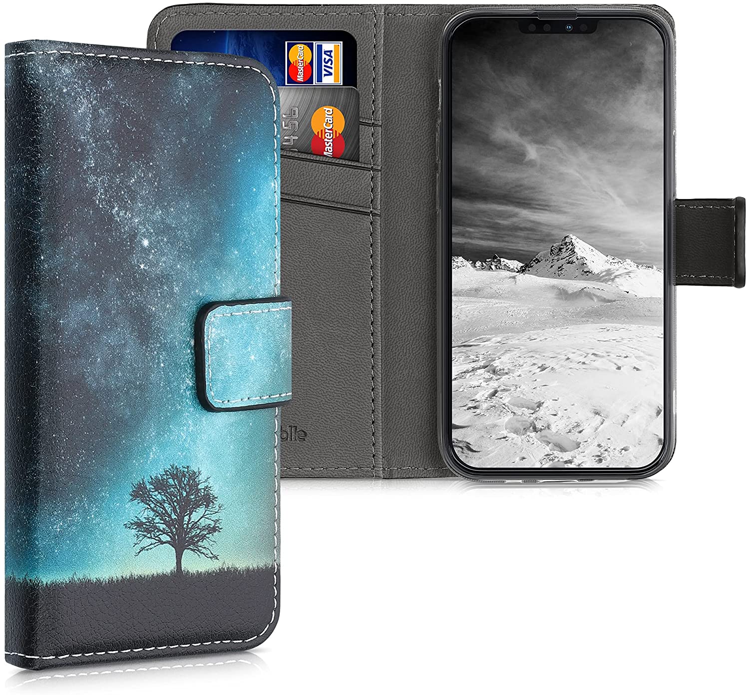 KW iPhone 13 mini Θήκη Πορτοφόλι Stand - Design Galaxy Tree Meadow - Blue / Grey / Black - 55935.01