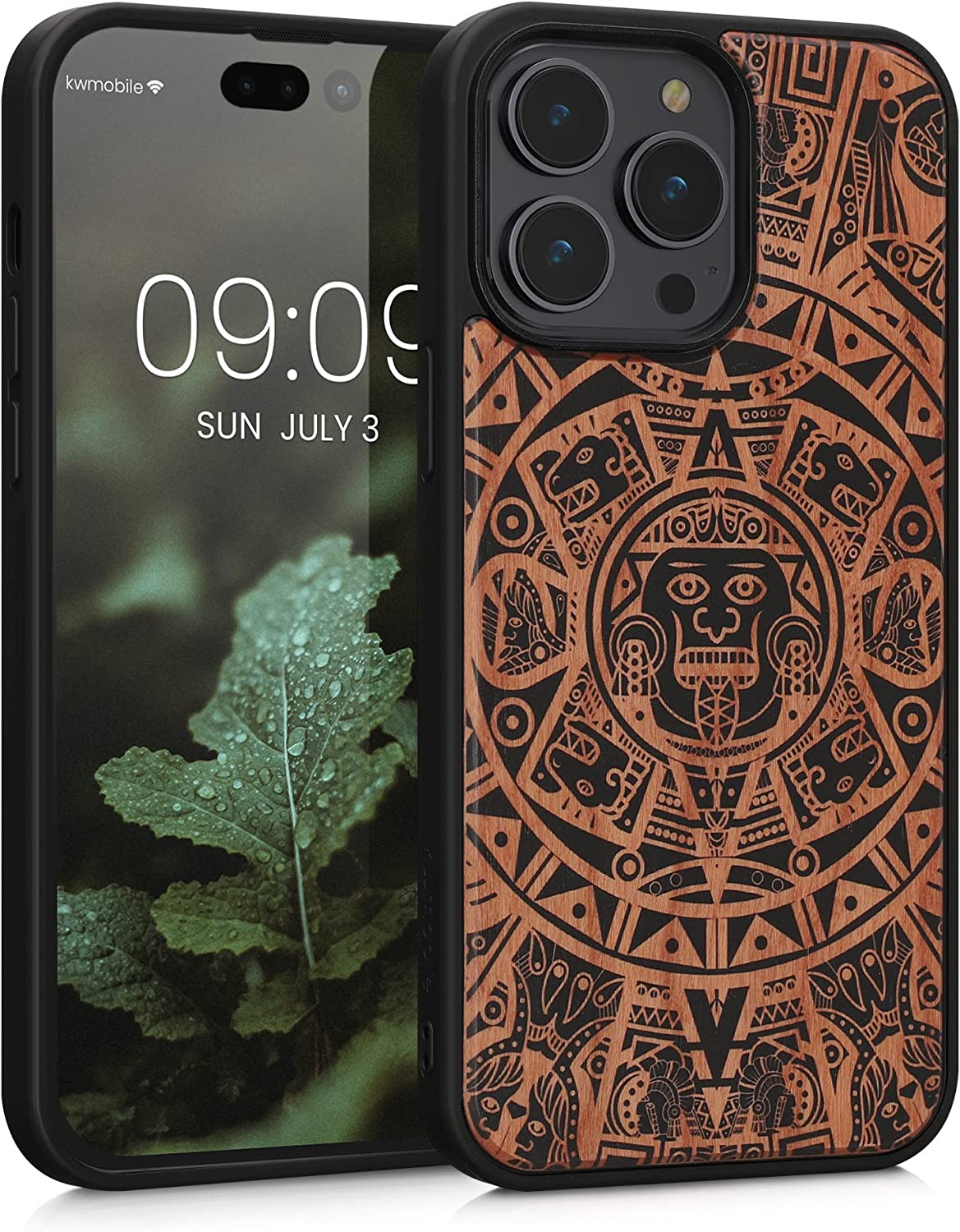 KW iPhone 14 Pro Max Θήκη από Φυσικό Ξύλο Design Mayan Calendar - Brown / Black - 59127.02