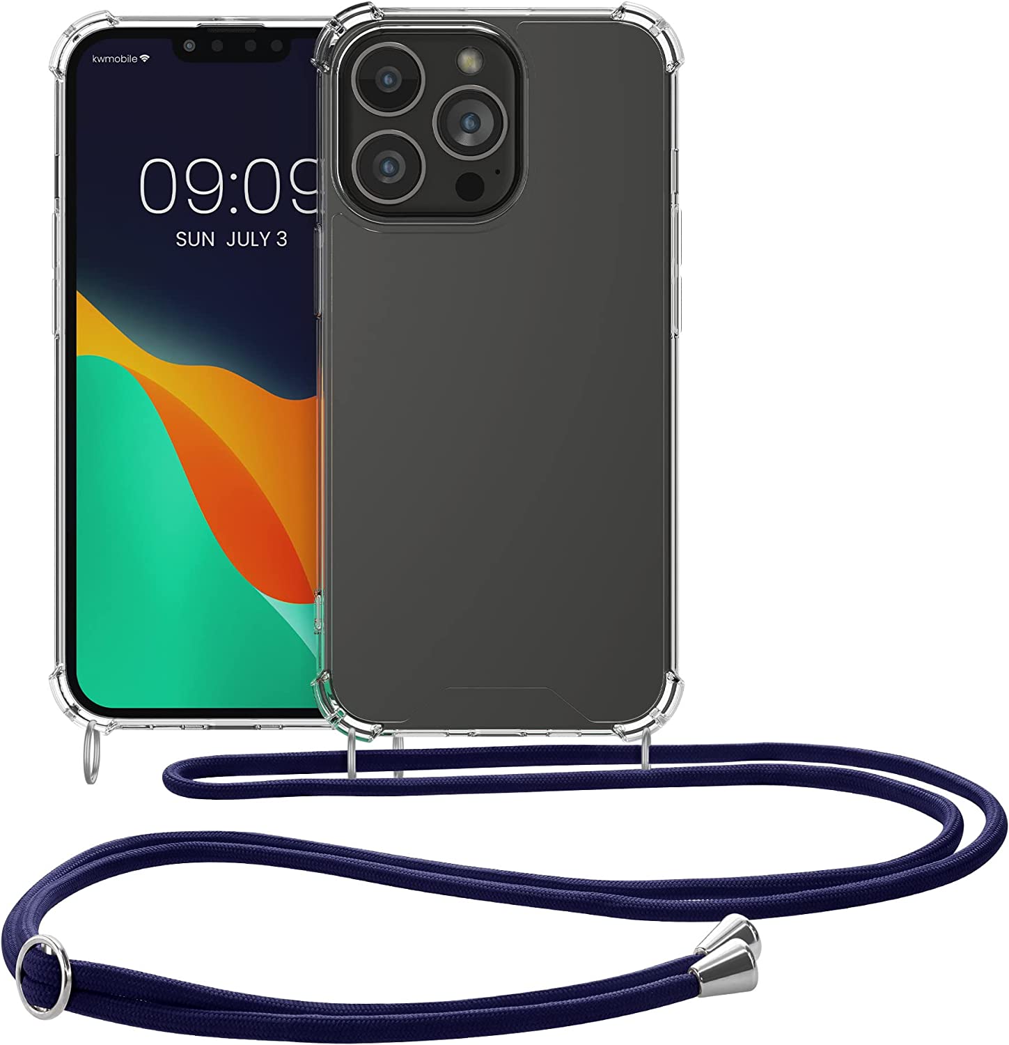 KW iPhone 13 Pro Θήκη Σιλικόνης TPU με Λουράκι - Διάφανη / Blue - 55963.04