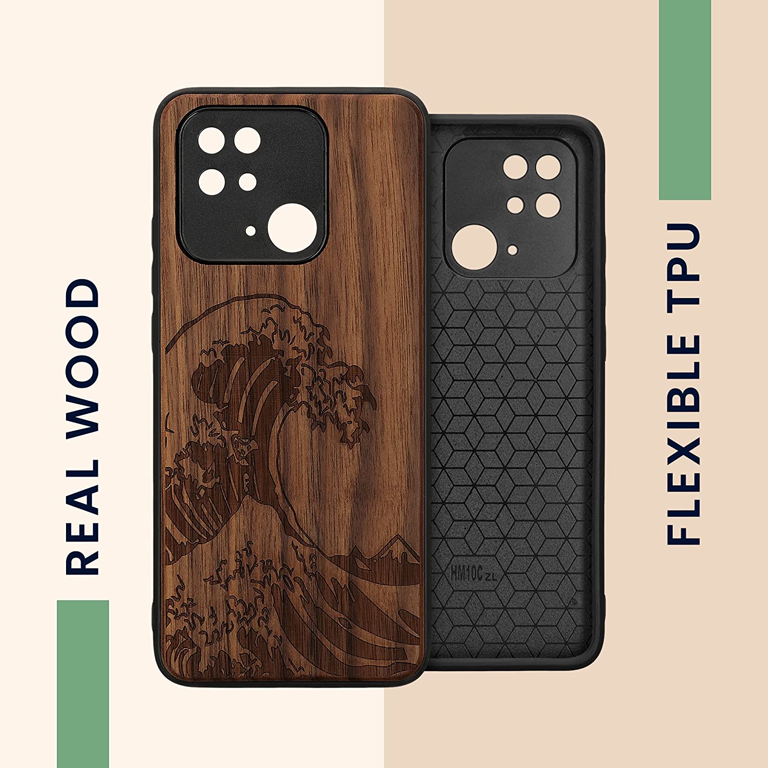 KW Xiaomi Redmi 10C Θήκη από Φυσικό Ξύλο - Design The Great Wave - Dark Brown - 59468.04