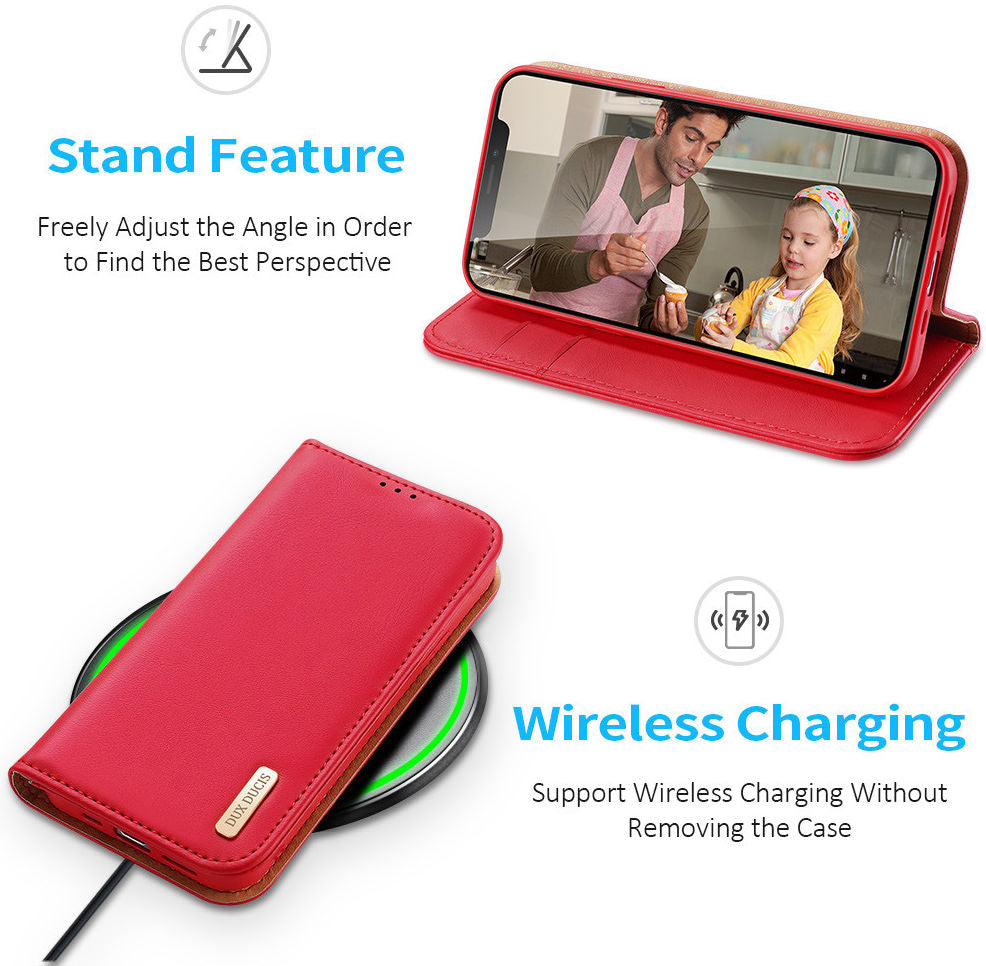 Dux Ducis iPhone 13 Pro Hivo Θήκη Πορτοφόλι Stand από Γνήσιο Δέρμα - Red