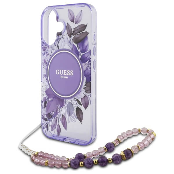 Guess iPhone 16 Plus - IML Flowers With Pearl Strap MagSafe - Σκληρή Θήκη με Πλαίσιο Σιλικόνης και Λουράκι - Purple - GUHMP16MHFWBRCESU