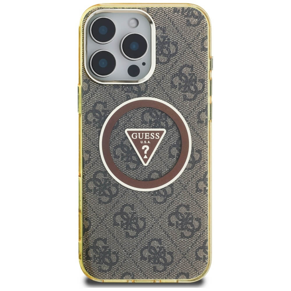 Guess iPhone 16 Pro - IML Metal Glitter 4G Circle Triangle MagSafe - Σκληρή Θήκη με Πλαίσιο Σιλικόνης και MagSafe - Brown - GUHMP16LHG4PRTGW