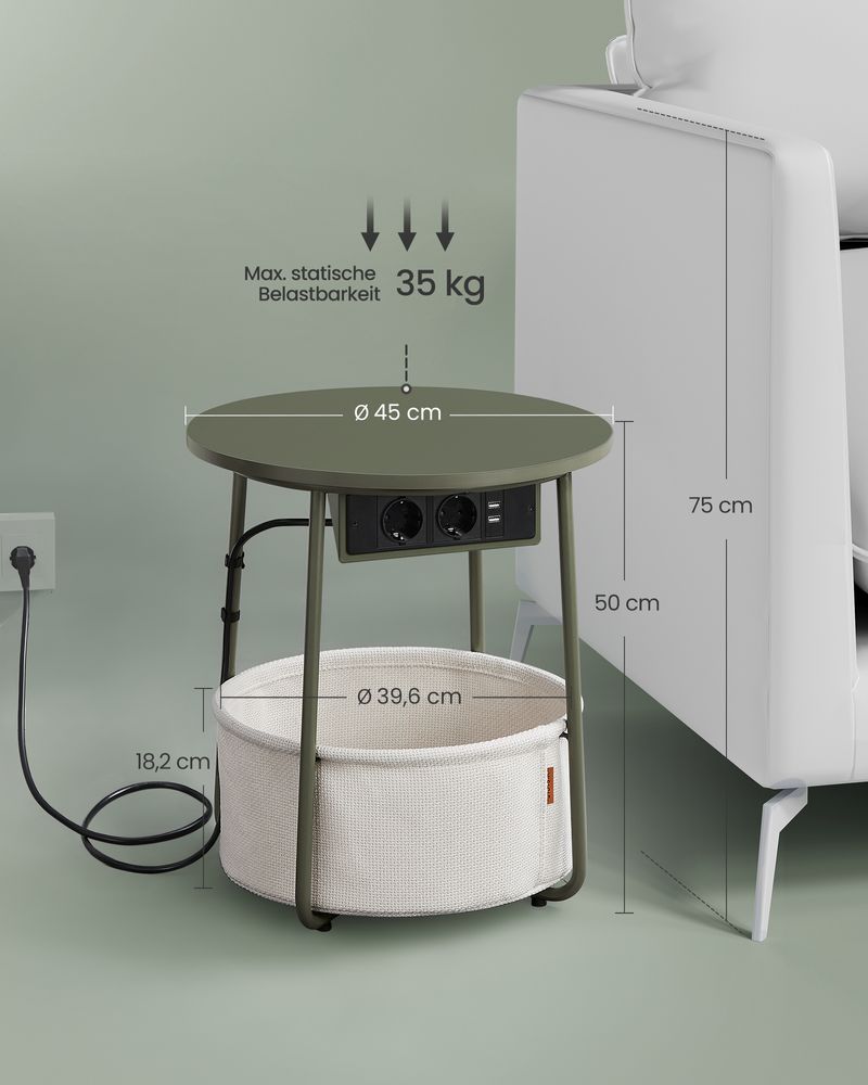 Vasagle Στρόγγυλο Βοηθητικό Τραπέζι με Υφασμάτινο Καλάθι Αποθήκευσης και Ενσωματωμένο Πολύπριζο - Forest Green / Cream White - LET228C05