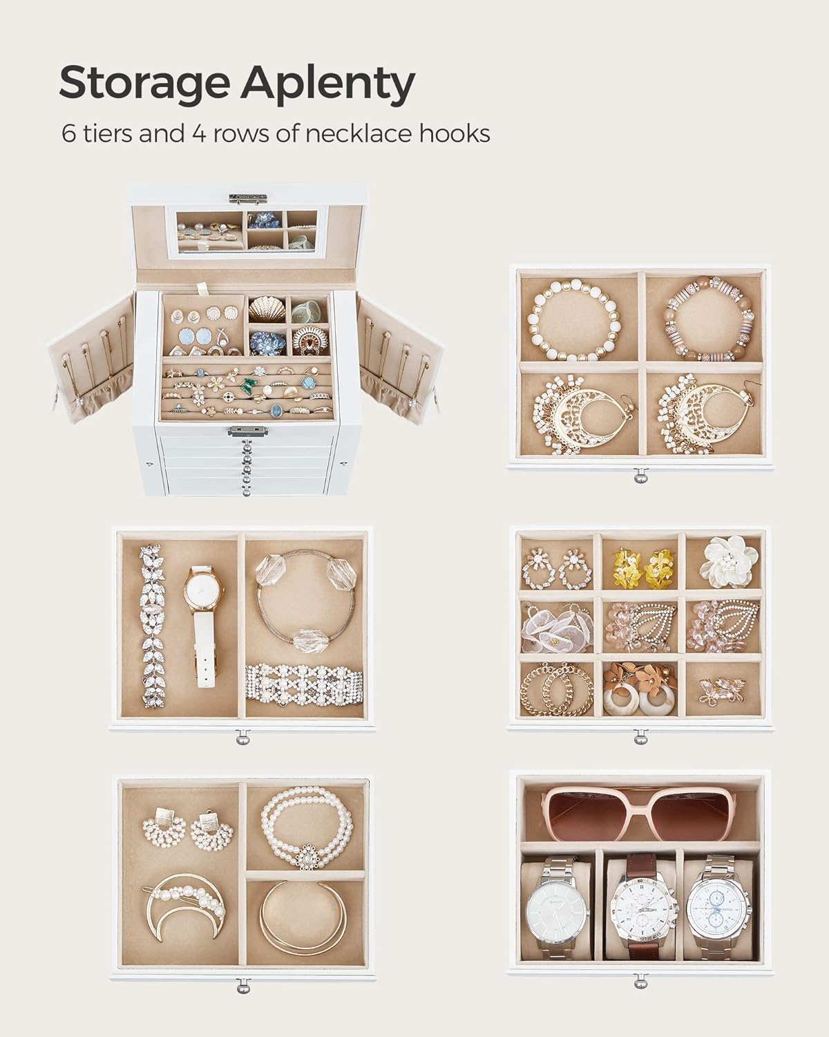 Songmics Κουτί Αποθήκευσης Κοσμημάτων 6 Επιπέδων με Καθρέπτη και Κλειδαριά - White - JBC152W01