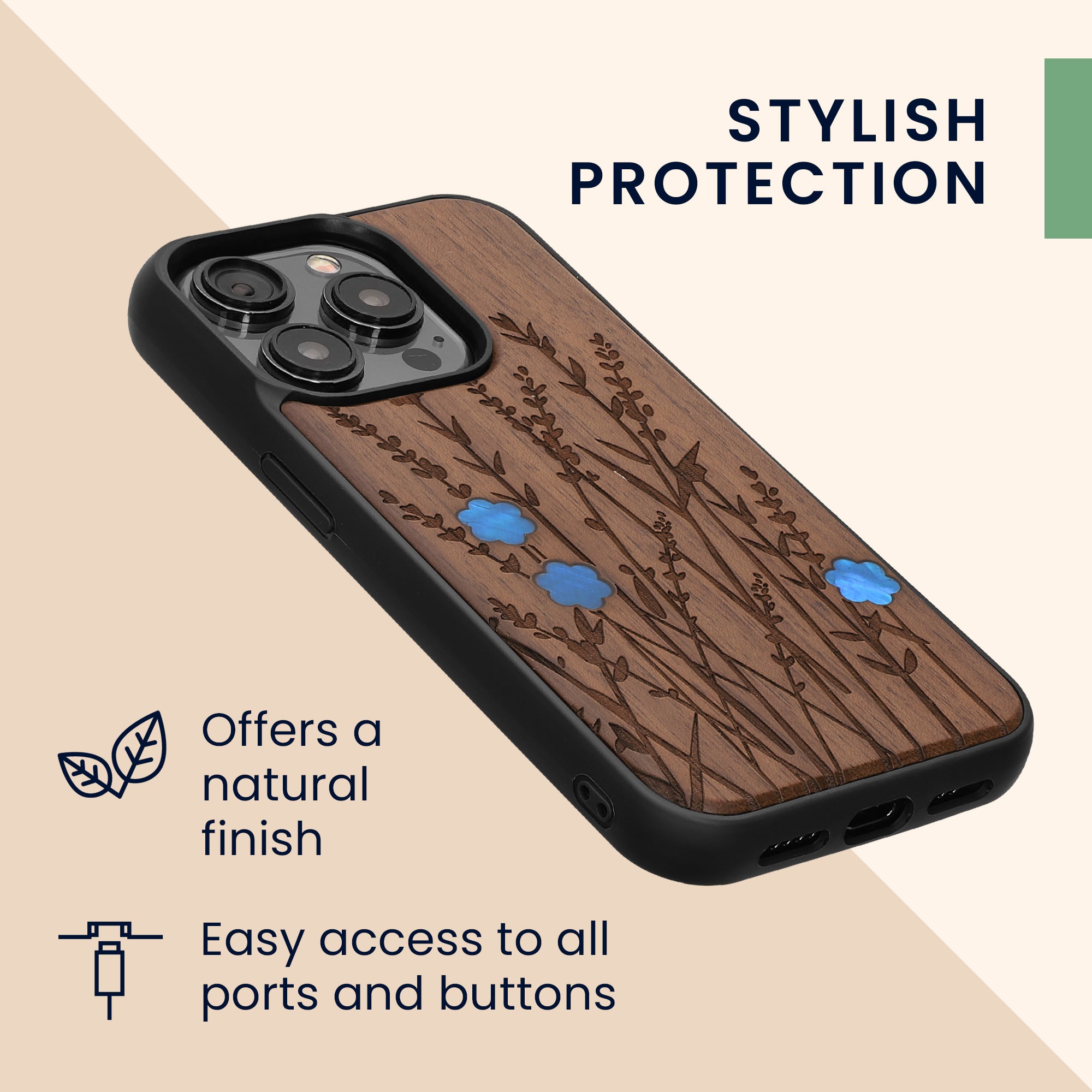 KW iPhone 15 Pro Θήκη από Φυσικό Ξύλο - Design Wild Flowers Pearl - Dark Brown