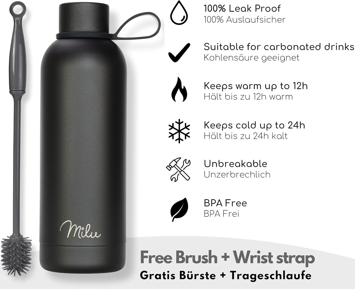 Milu Μπουκάλι Θερμός Από Ανοξείδωτο Ατσάλι - 100% Στεγανό - 1000 ml - Black - 1068