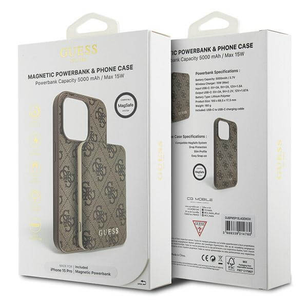 Guess iPhone 15 Pro - 4G Metal Logo Σετ MagSafe Σκληρή Θήκη με Επένδυση Συνθετικού Δέρματος και Powerbank 5000mAh - Brown - GUBPM5P15L4GEMGW