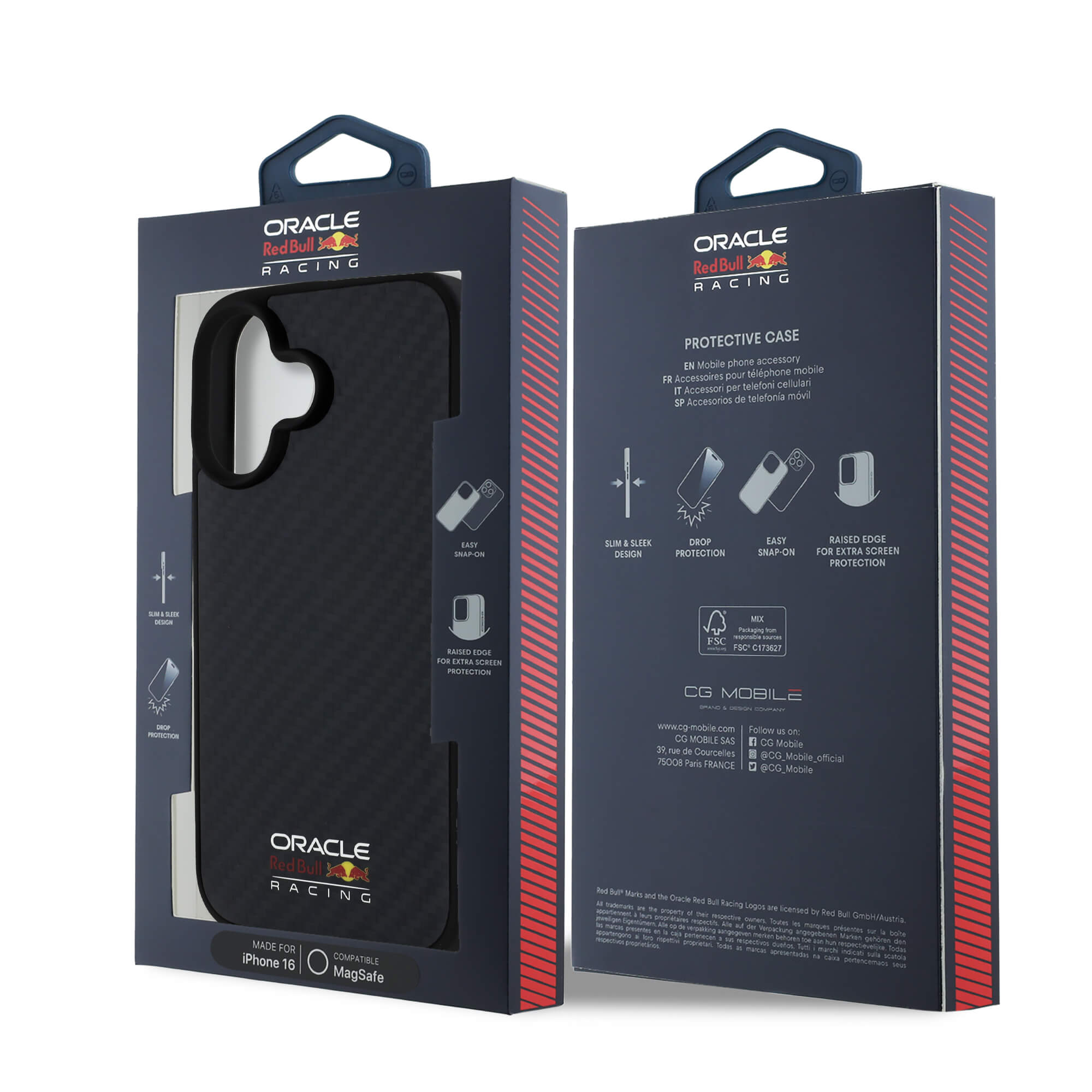 Red Bull iPhone 16 - Carbon Fiber Shiny Logo - MagSafe Σκληρή Θήκη με Πλαίσιο Σιλικόνης - Black - RBHMP16S24CFILSK