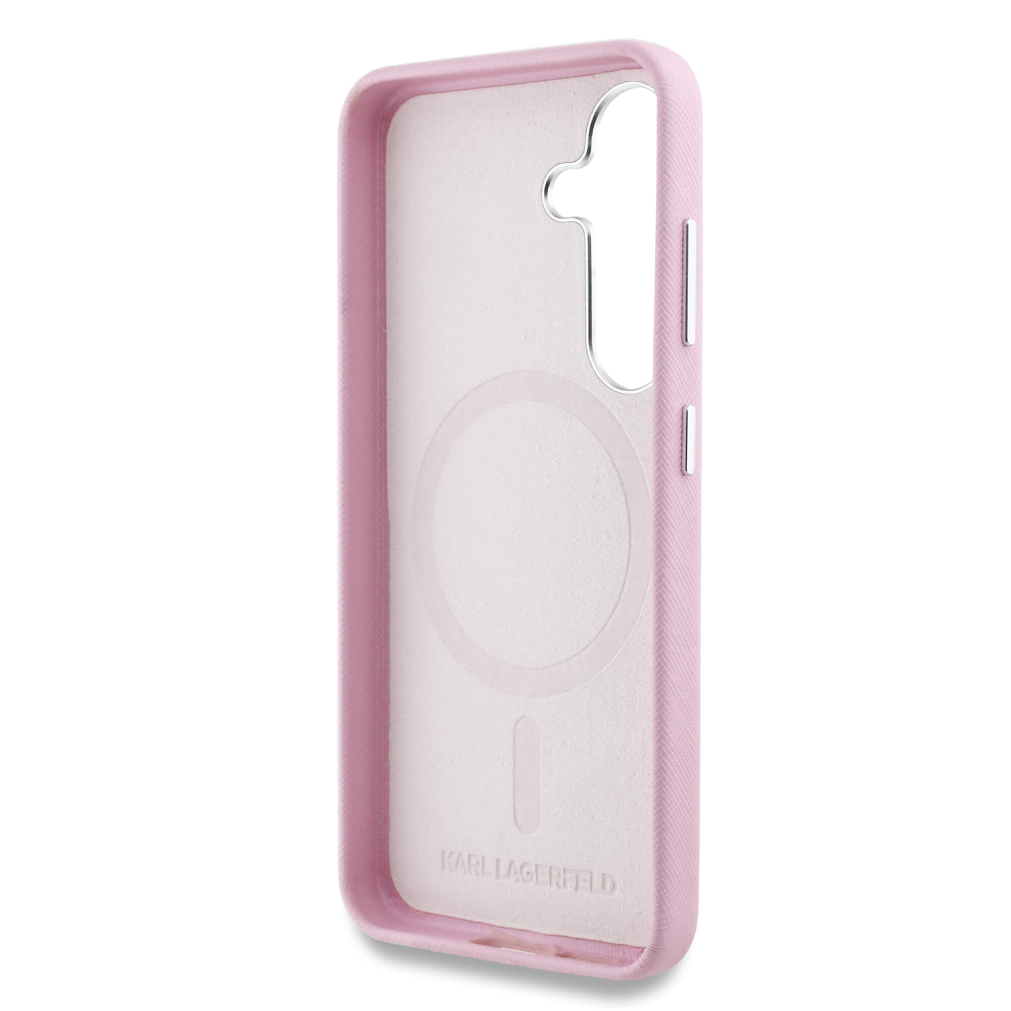 Karl Lagerfeld Samsung Galaxy S25 - Saffiano Full Wrapped Elongated Metal Logo - MagSafe Σκληρή Θήκη με Επένδυση Συνθετικού Δέρματος και Πλαίσιο Σιλικόνης - Pink - KLHMS25SPSAFWMCP
