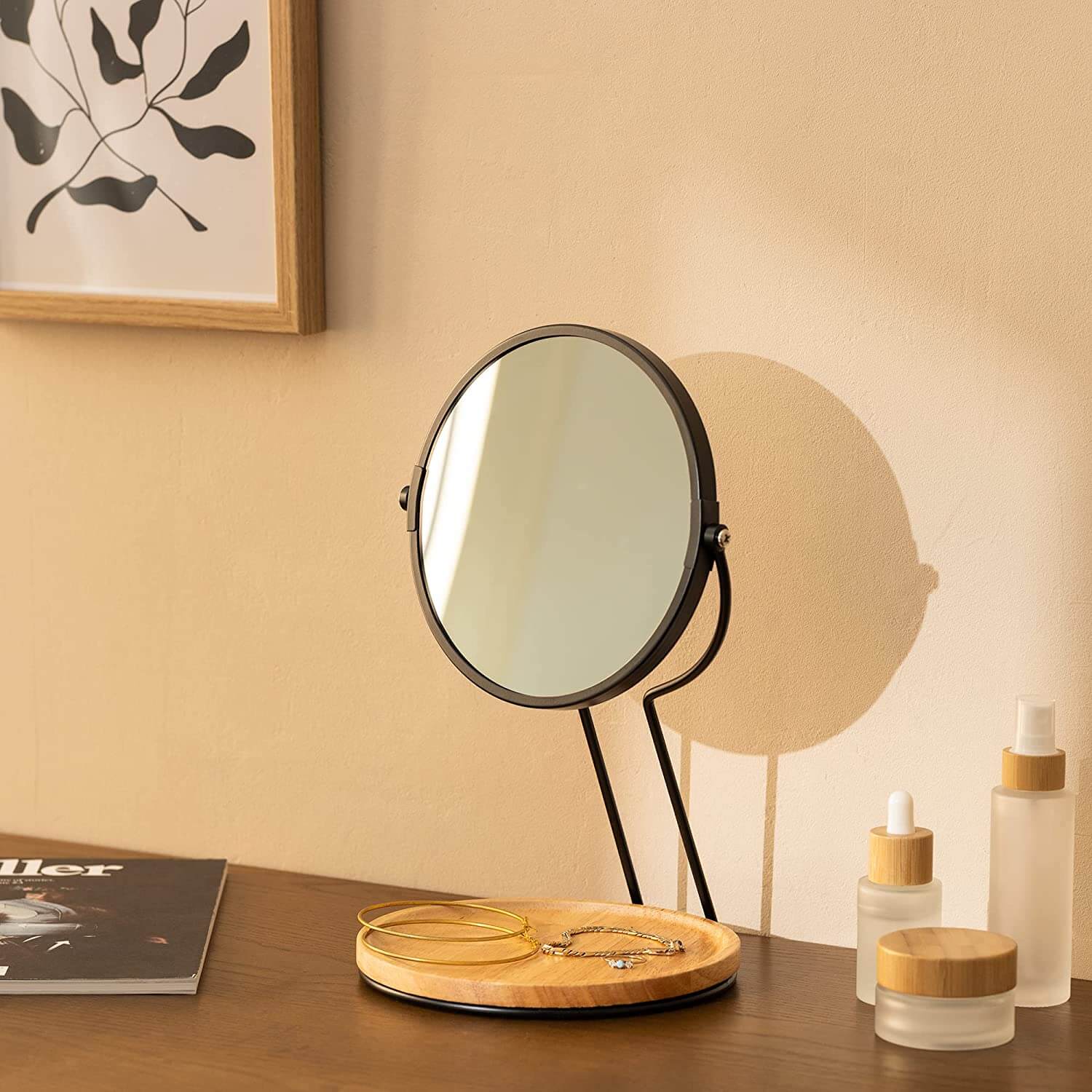 Navaris Καθρέπτης Μακιγιάζ Διπλής Όψης με Βάση για Κοσμήματα - 2x Μεγέθυνση - Black / Light Brown - 59324.01