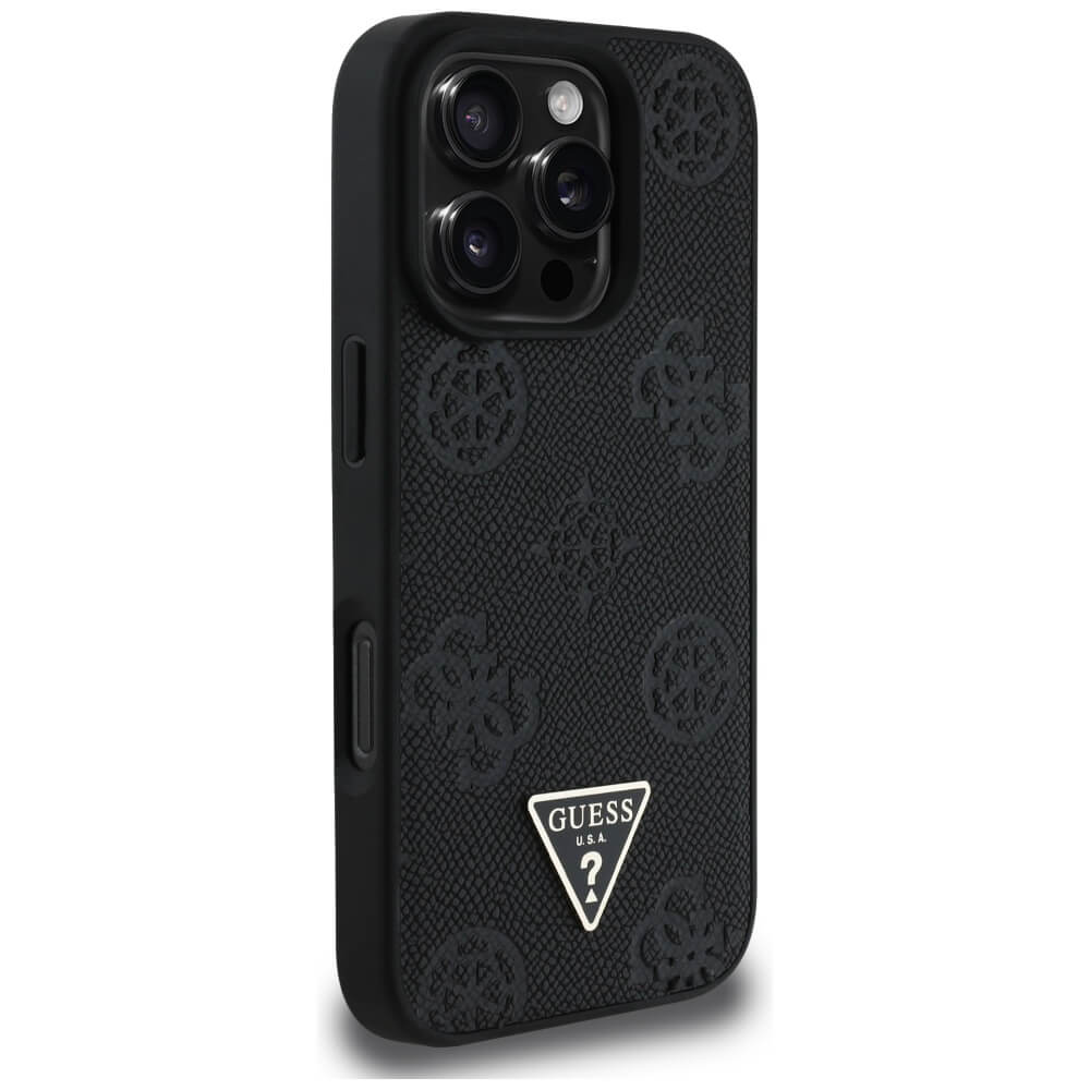 Guess iPhone 16 Pro - Grained Hot Stamp Peony Triangle Logo - MagSafe Σκληρή Θήκη με Επένδυση Συνθετικού Δέρματος - Black - GUHMP16LPGBTMK