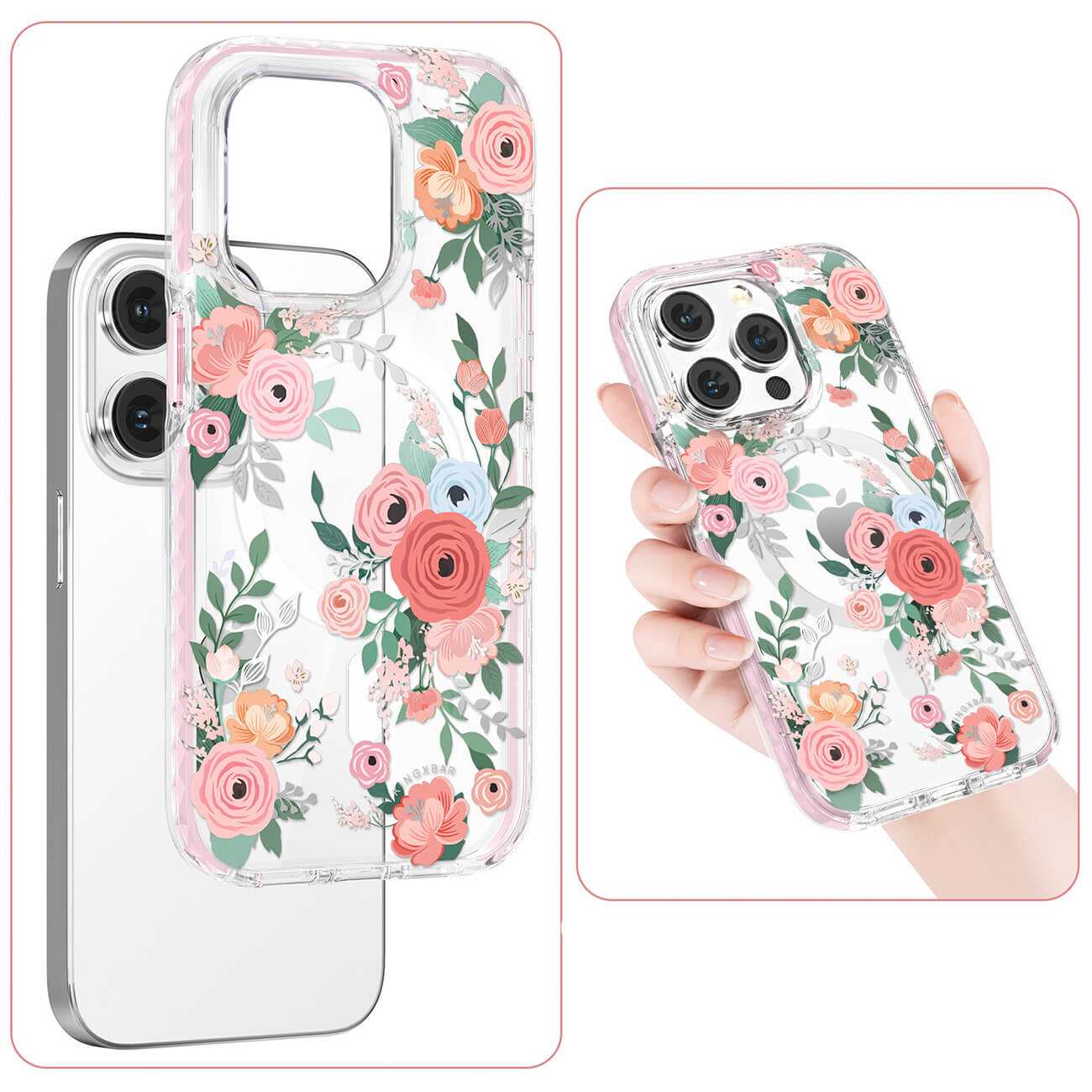 Kingxbar iPhone 14 Pro Flora Series Θήκη Σιλικόνης με MagSafe - Design Rose Flowers - Διάφανη / Multicolor