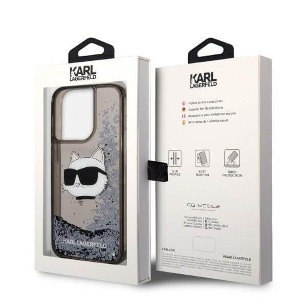 Karl Lagerfeld iPhone 14 Pro Max - Liquid Glitter Choupette's Head Σκληρή Θήκη με Πλαίσιο Σιλικόνης - Black - KLHCP14XLNCHCK