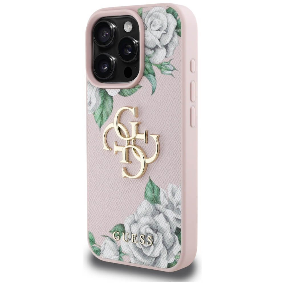 Guess iPhone 16 Pro - Grained Roses Big 4G Logo - Σκληρή Θήκη με Επένδυση από Οικολογικό Δέρμα - Pink - GUHCP16LPGROP4MP