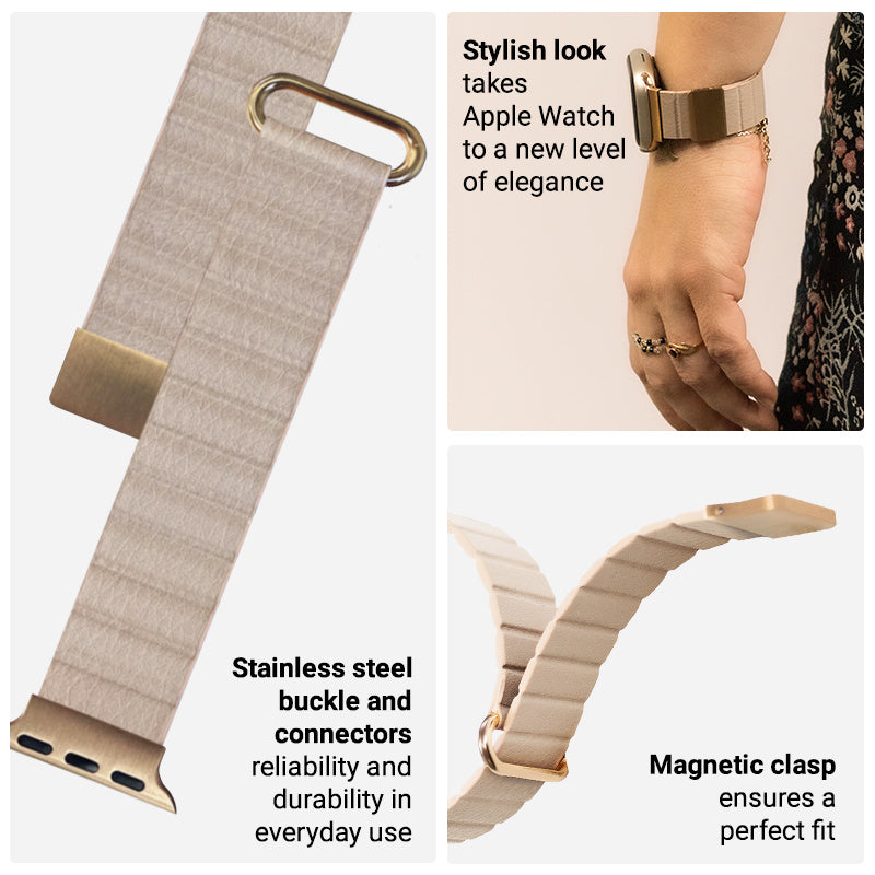 Crong Λουράκι Apple Watch 2/3/4/5/6/7/8/9/10/11 - SE (1/2/3) - 38/40/41/42mm από Συνθετικό Δέρμα - Eclipse Magnetic - Beige
