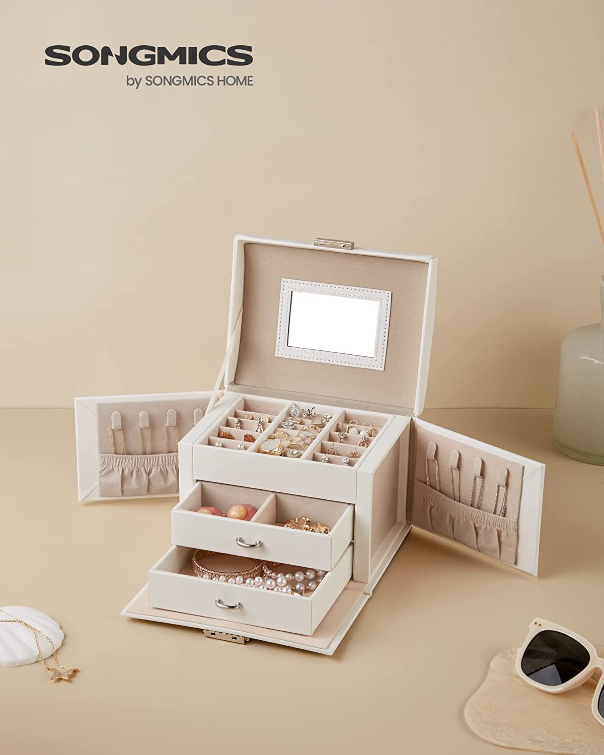 Songmics Φορητό Κουτί Αποθήκευσης Κοσμημάτων με Καθρέπτη και Κλειδαριά - White - JBC154W01