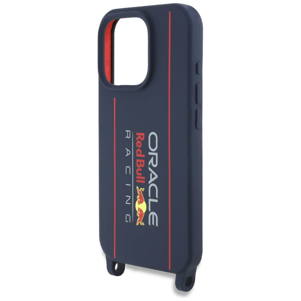 Red Bull iPhone 16 Pro Max - Silicone Strap and Vertical Logo - MagSafe Σκληρή Θήκη με Πλαίσιο Σιλικόνης και Λουράκι - Navy Blue - RBHMP16X24SISOLRV