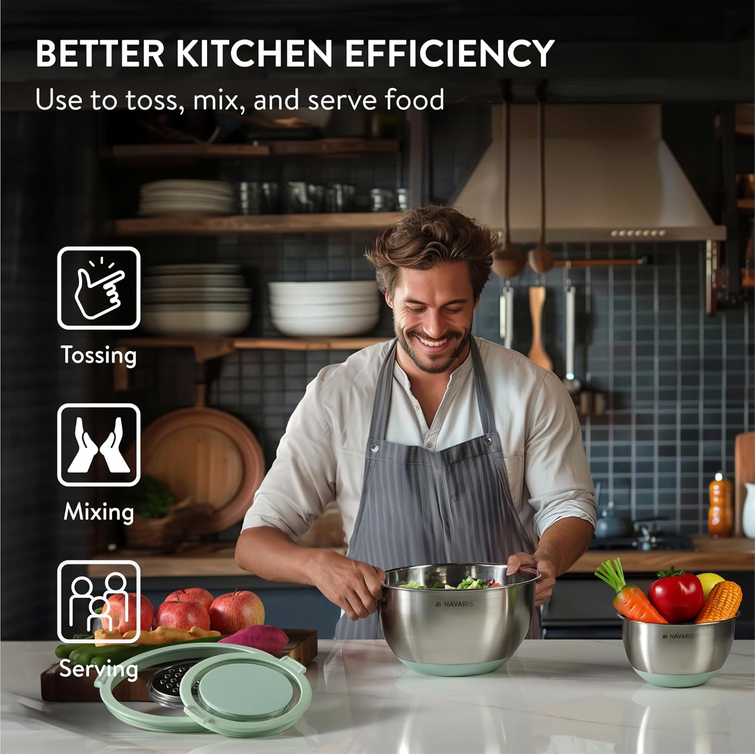 Navaris Σετ με 3 Μπολ Ανάμειξης από Ανοξείδωτο Ατσάλι με καπάκι και 3 Τρίφτες - Mint Green