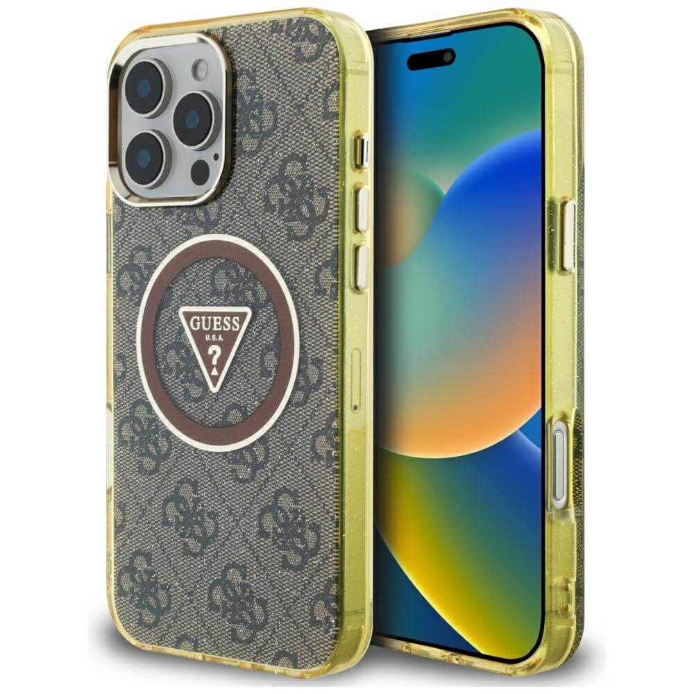 Guess iPhone 16 Pro Max - IML Metal Glitter 4G Circle Triangle MagSafe - Σκληρή Θήκη με Πλαίσιο Σιλικόνης και MagSafe - Brown - GUHMP16XHG4PRTGW