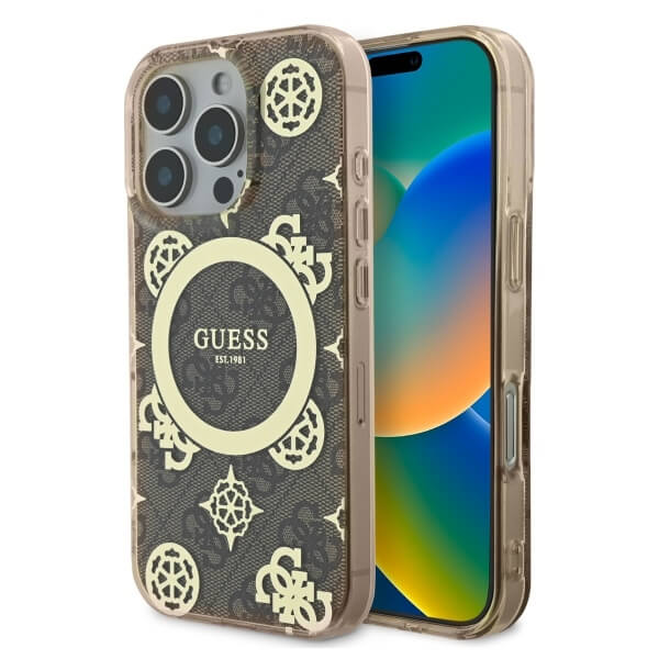 Guess iPhone 16 Pro Max - IML Peony On 4G Background MagSafe - Θήκη με Επένδυση Συνθετικού Δέρματος - Brown - GUHMP16XH4PYEEW