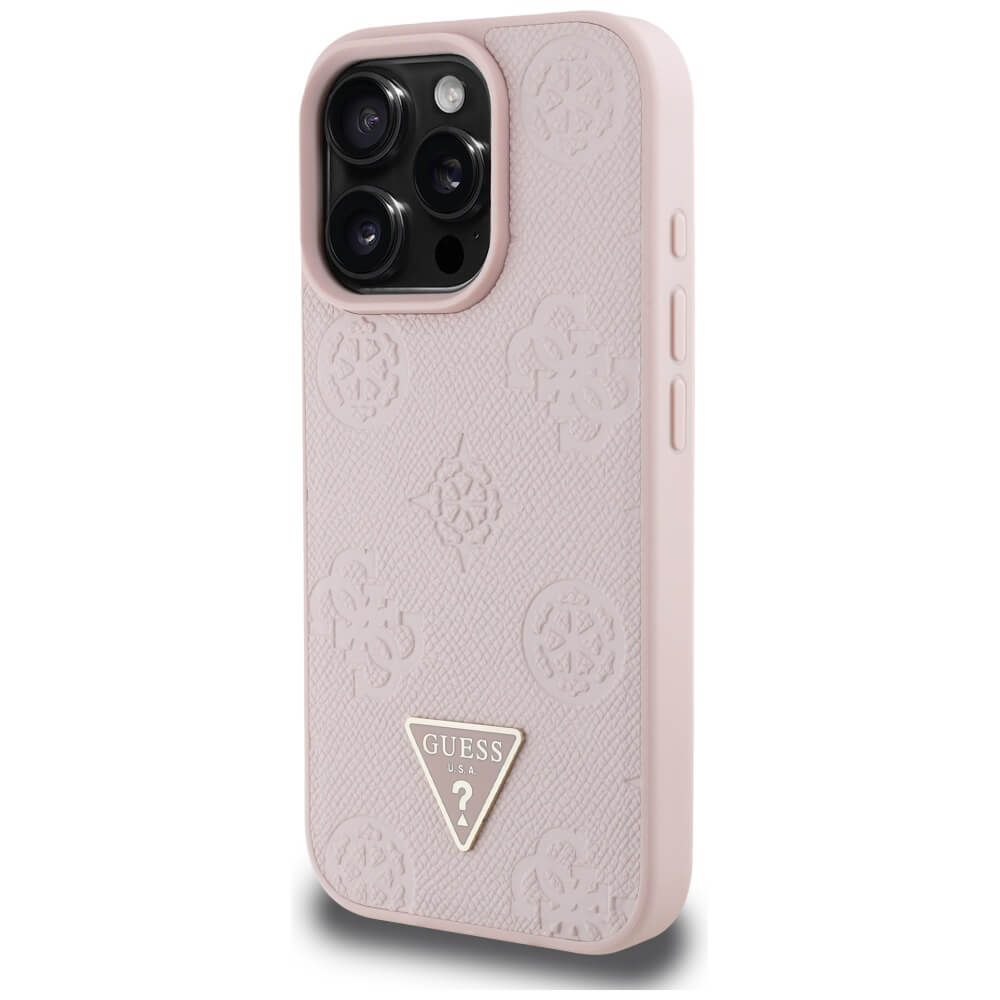 Guess iPhone 16 Pro - Grained Hot Stamp Peony Triangle Logo - MagSafe Σκληρή Θήκη με Επένδυση Συνθετικού Δέρματος - Pink - GUHMP16LPGBTMP