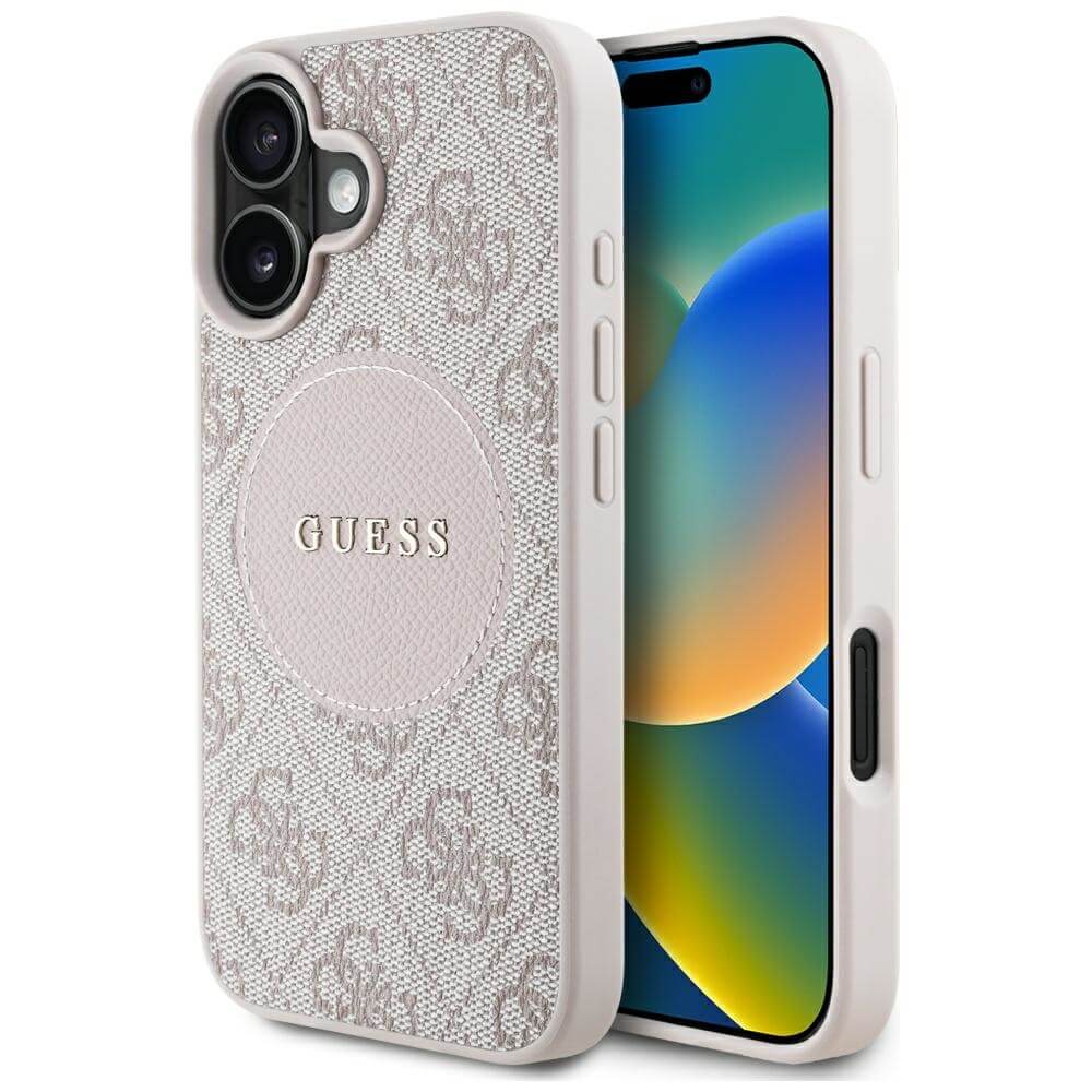 Guess iPhone 16 - 4G Circle Classic Logo - MagSafe Θήκη με Επένδυση Συνθετικού Δέρματος - Pink - GUHMP16SP4PGRSGP