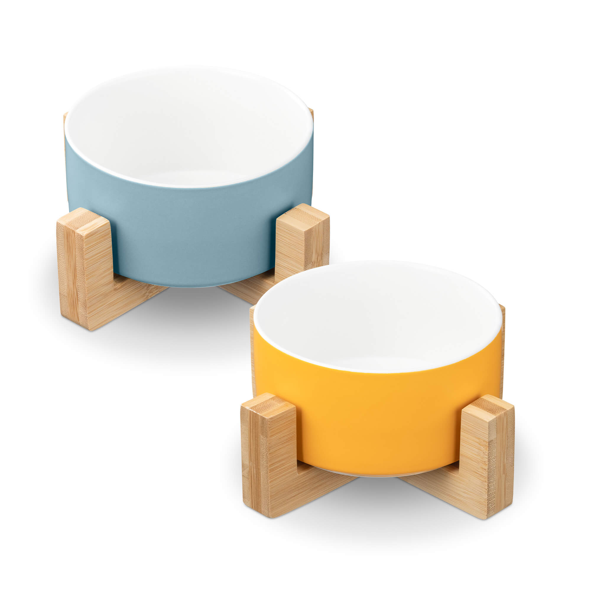 Navaris Σετ με 2 Κεραμικά Μπολ Φαγητού και Νερού 550ml με Βάση από Μπαμπού για Κατοικίδια - Blue - Yellow - 55428.1.06