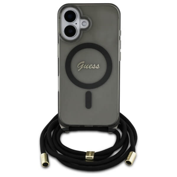 Guess iPhone 16 - Crossbody Cord Script MagSafe - Σκληρή Θήκη με Πλαίσιο Σιλικόνης και Λουράκι - Black - GUHMP16SHCTSGNSK