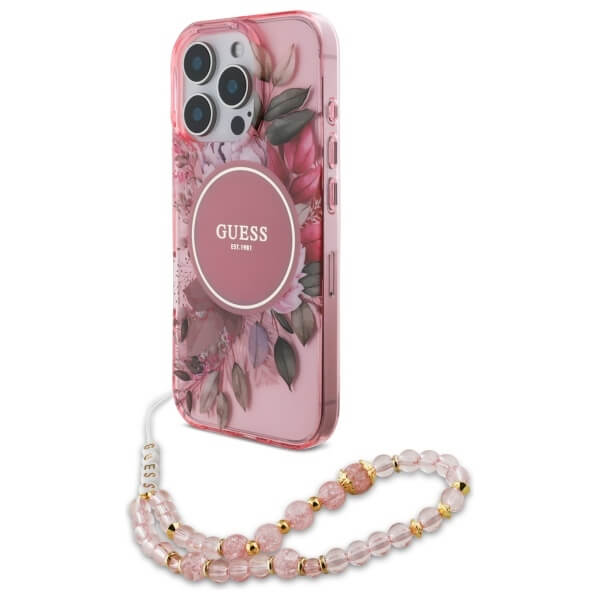 Guess iPhone 16 Pro Max - IML Flowers With Pearl Strap MagSafe - Σκληρή Θήκη με Πλαίσιο Σιλικόνης και Λουράκι - Pink - GUHMP16XHFWBRCESP