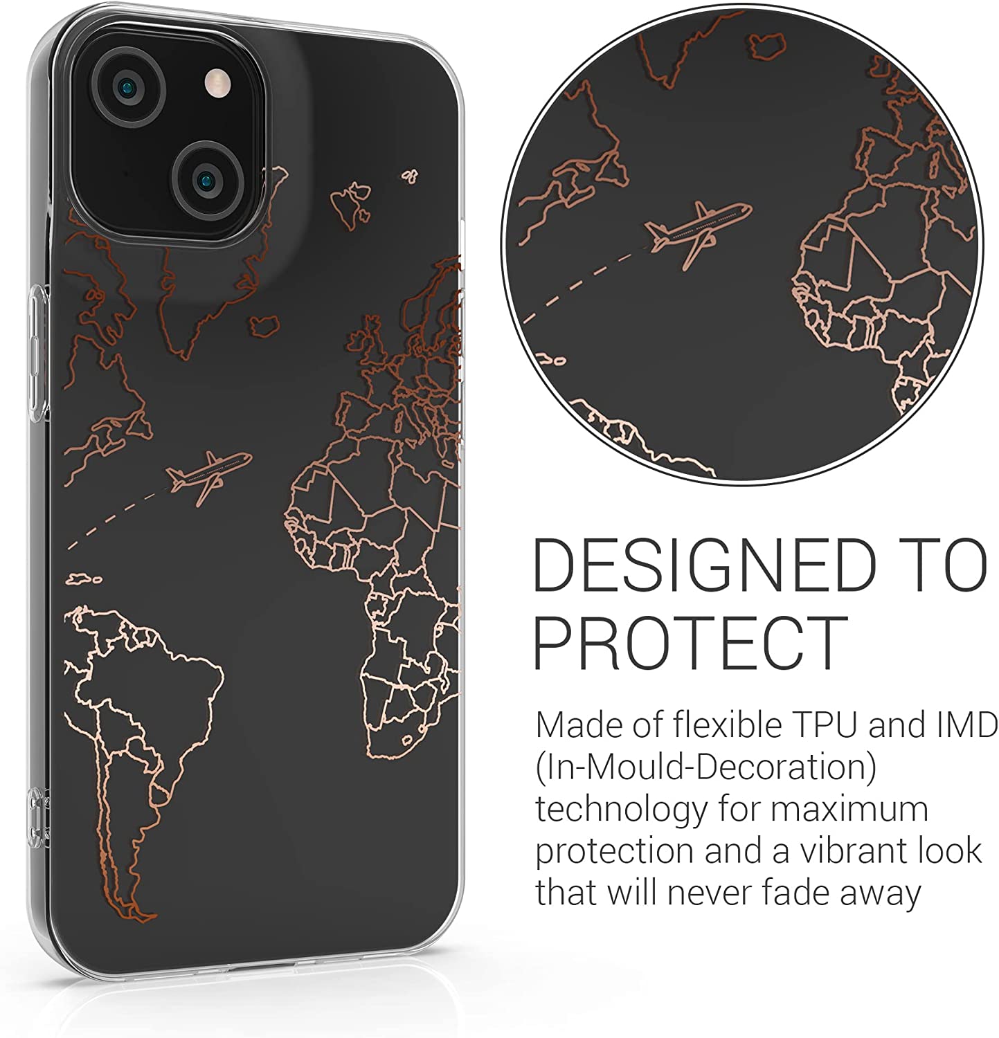 KW iPhone 14 Σκληρή Θήκη με Πλαίσιο Σιλικόνης - Design Travel and Explore - Διάφανη - Rose Gold - 59204.01