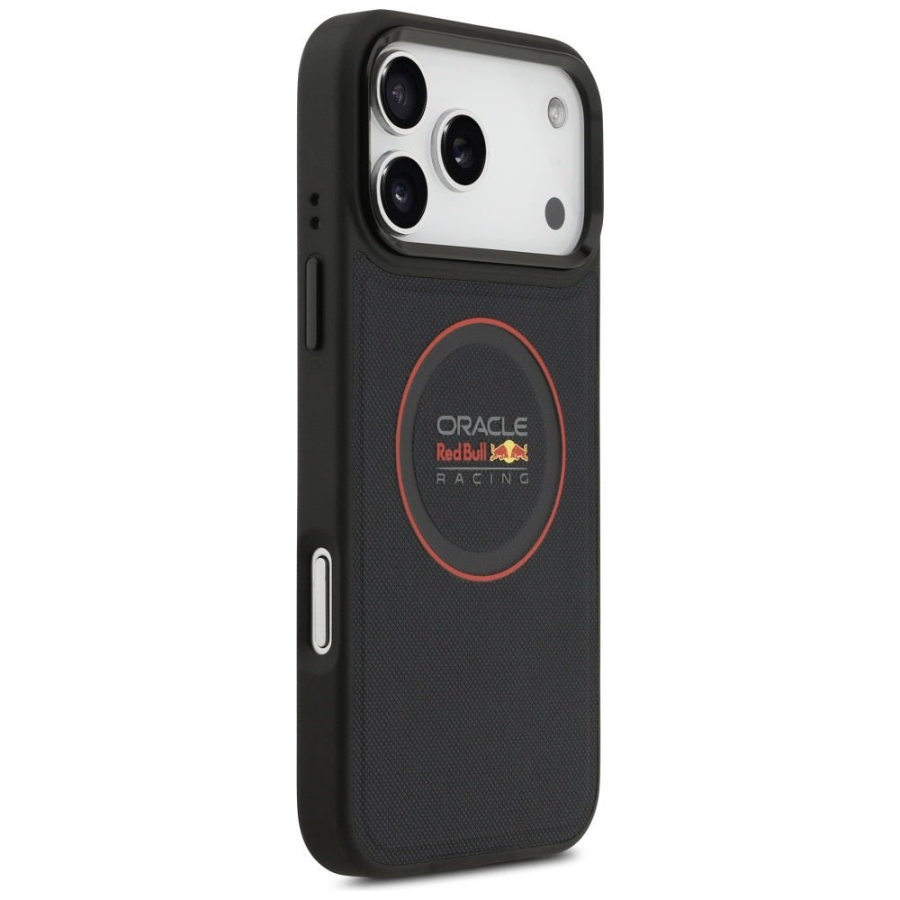 Red Bull iPhone 17 Pro Max - Meshed Red Ring and Metal Buttons MagSafe - Σκληρή Θήκη με Επένδυση Οικολογικού Δέρματος - Navy - RBHMP17X24PUILVR