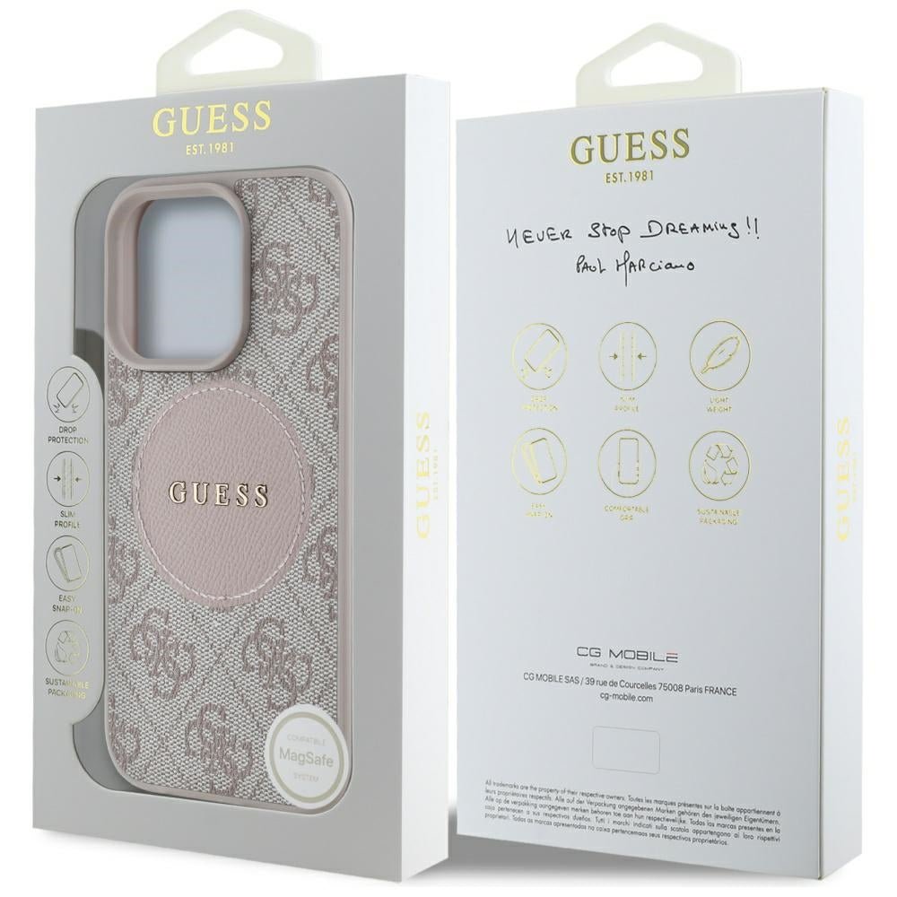 Guess iPhone 16 Pro - 4G Circle Classic Logo - MagSafe Θήκη με Επένδυση Συνθετικού Δέρματος - Pink - GUHMP16LP4PGRSGP