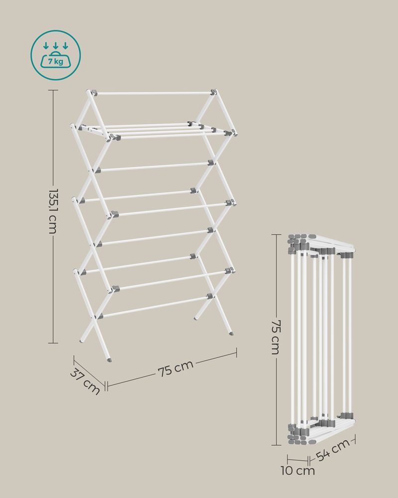 Songmics Πτυσσόμενη Μεταλλική Απλώστρα Ρούχων - 37 x 75 x 135.1 cm - White - LLR770W01