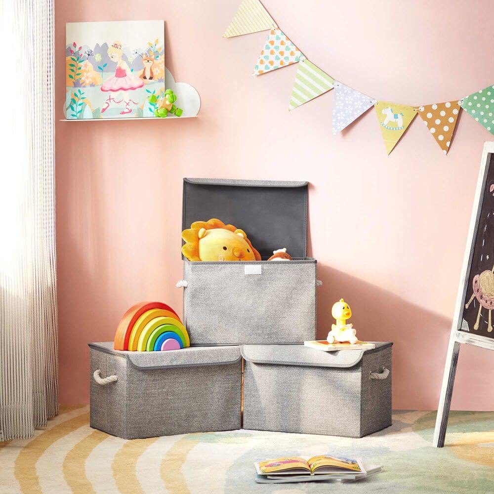 Songmics Σετ με 3 Υφασμάτινα Κουτιά Αποθήκευσης με Καπάκι και Χερούλια - Grey - RFB013G02