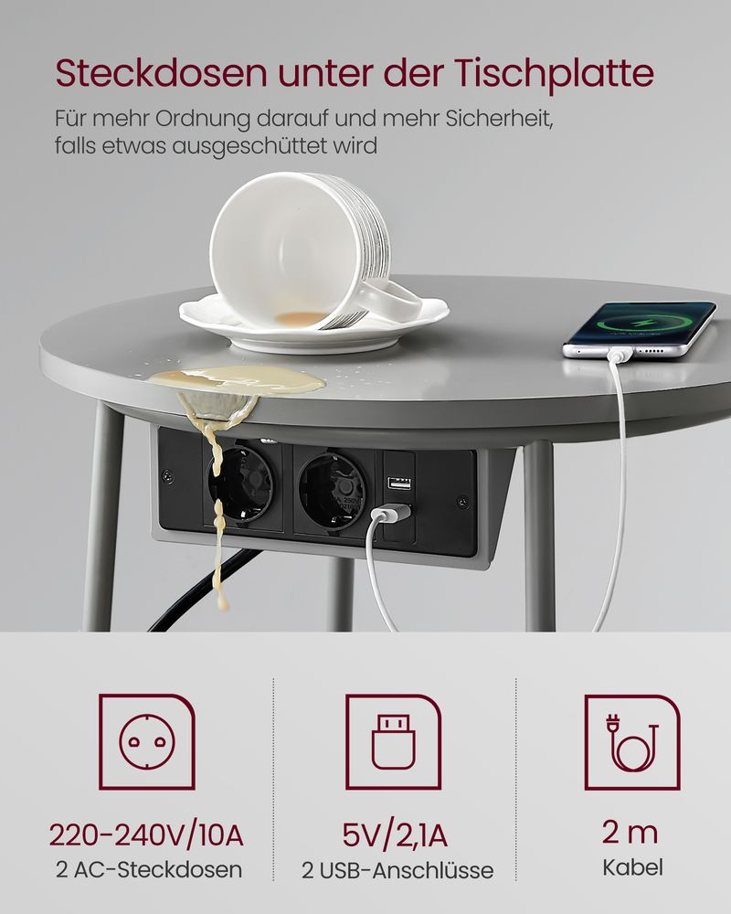 Vasagle Στρόγγυλο Βοηθητικό Τραπέζι με Υφασμάτινο Καλάθι Αποθήκευσης και Ενσωματωμένο Πολύπριζο - Dove Grey / Slate Grey - LET228G02