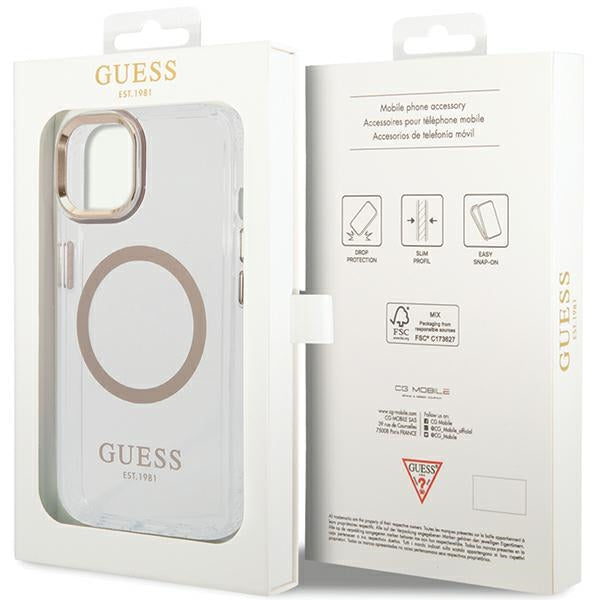 Guess iPhone 15 Plus / 14 Plus Metal Outline MagSafe Σκληρή Θήκη με Πλαίσιο Σιλικόνης και MagSafe - Gold - GUHMP15MHTRMD