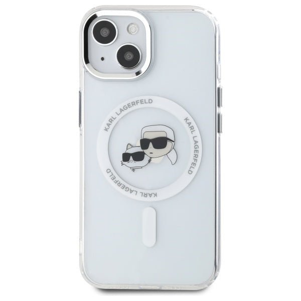 Karl Lagerfeld iPhone 15 - IML Metal Karl and Choupette Head - Σκληρή Θήκη με Πλαίσιο Σιλικόνης και MagSafe - White - KLHMP15SHLSKCH