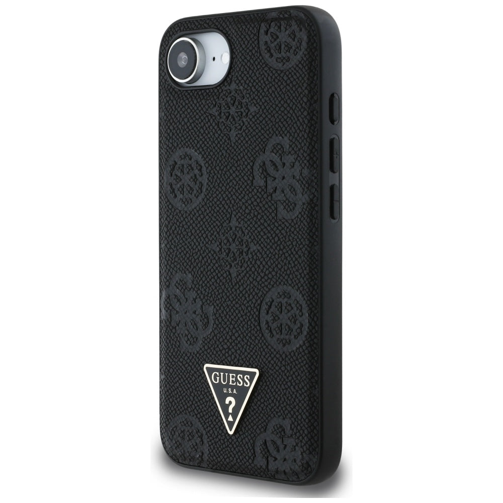 Guess iPhone 16e - Grained Hot Stamp Peony Triangle Logo - MagSafe Σκληρή Θήκη με Επένδυση Συνθετικού Δέρματος - Black - GUHMPSE4PGBTMK