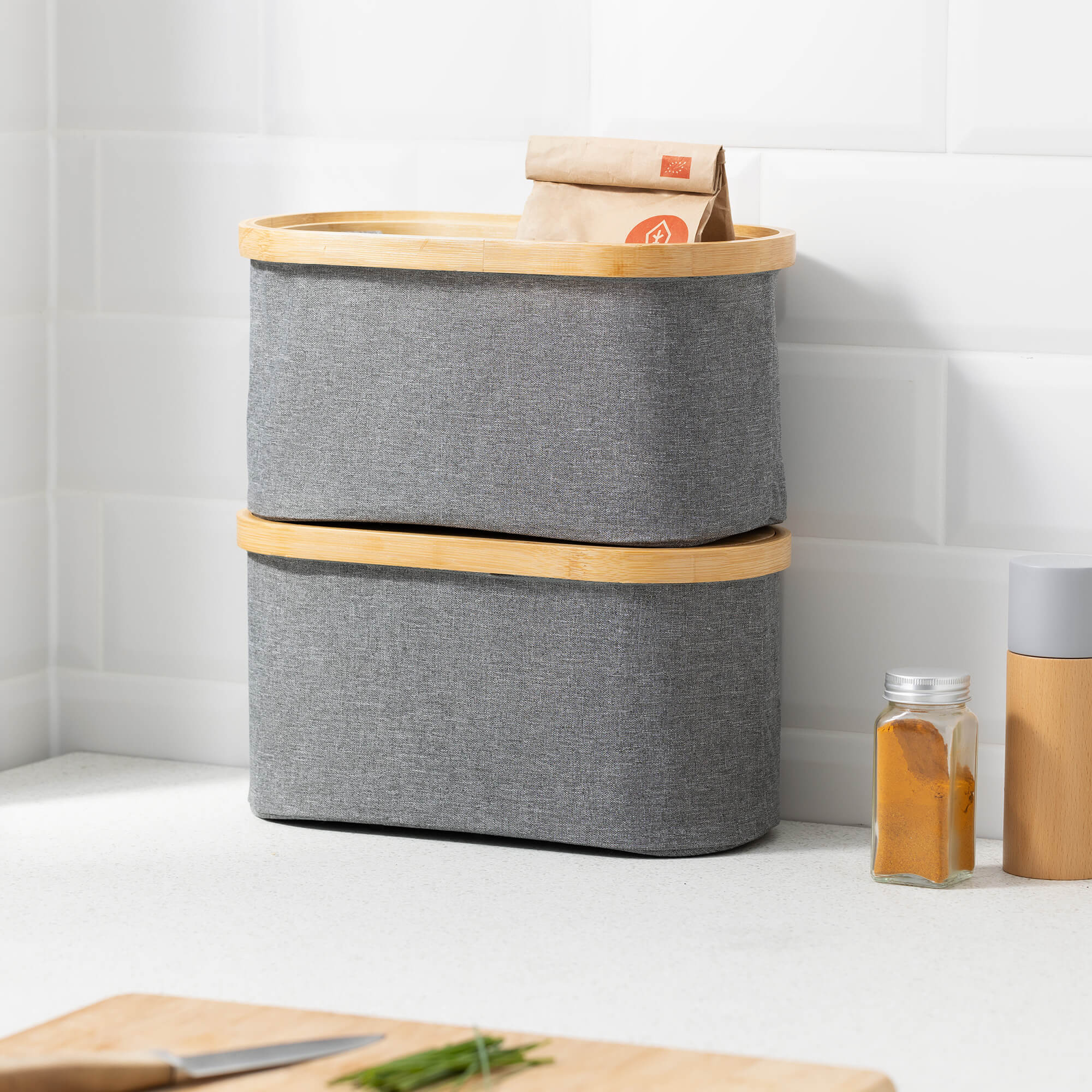 Navaris Σετ 2 Υφασμάτινα Κουτιά με Καπάκι από Μπαμπού - Grey - 56457.01