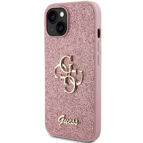 Guess iPhone 15 Glitter Script Big 4G Σκληρή Θήκη με Πλαίσιο Σιλικόνης - Pink - GUHCP15SHG4SGP